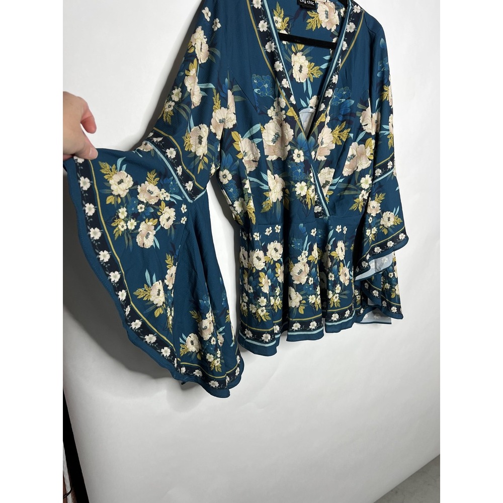 City Chic Blouse Womens 16 Blue Floral Ruffle Bell Sleeve Boho Peplum Top